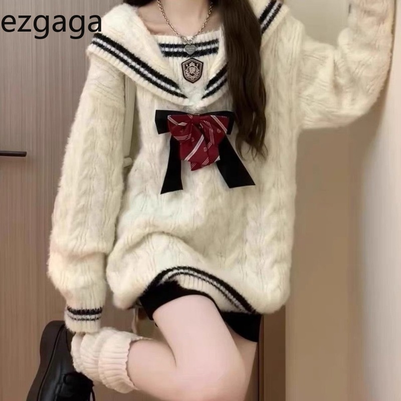 Vintage Fashion Style Female - Ezgaga Knitted Sweater Women Preppy Style