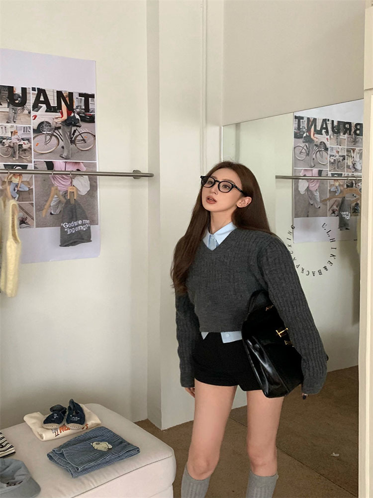Basic Grey Cropped Sweater Wom - Vintage Fashion Style Female ulasan dan harga