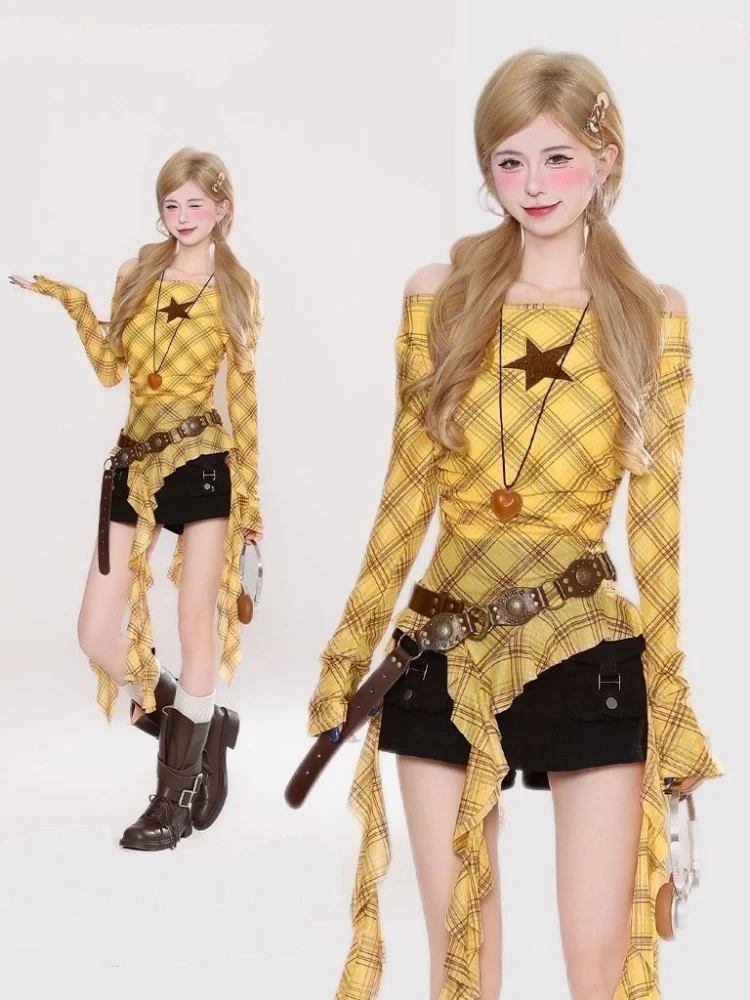 Y2K Plaid Slash Neck Vintage T - Vintage Women Fashion ulasan dan harga