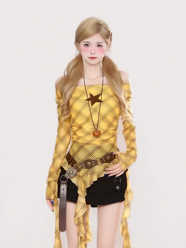 Y2K Plaid Slash Neck Vintage T - Vintage Women Fashion ulasan dan harga