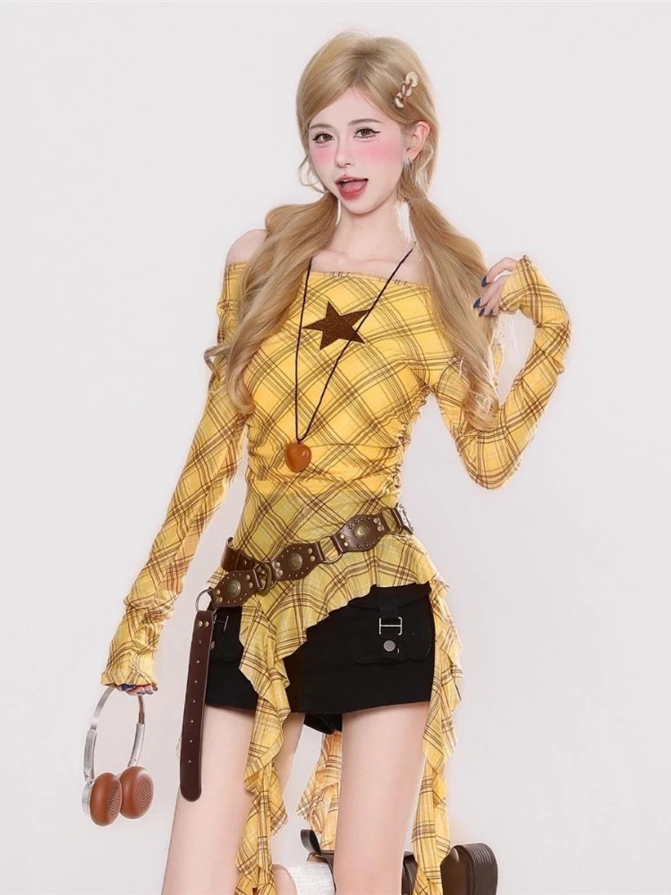 Y2K Plaid Slash Neck Vintage T - Vintage Women Fashion ulasan dan harga