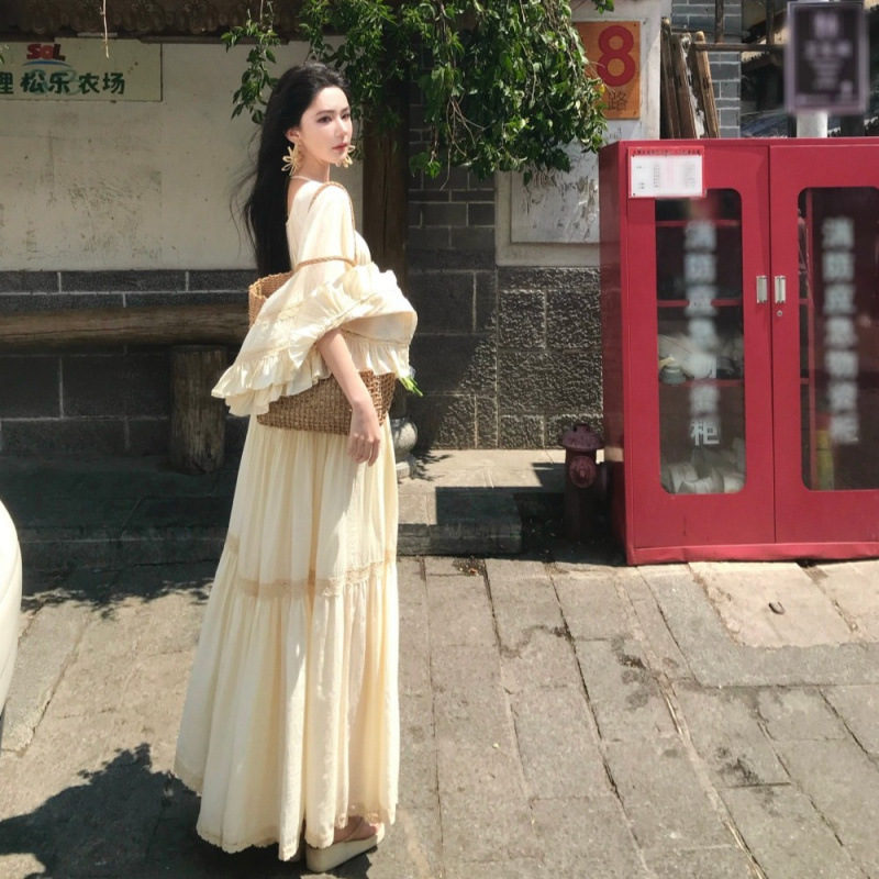 New Elegant Square Neck Trumpe - Vintage Fashion Women Dresses ulasan dan harga