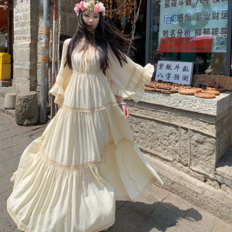 New Elegant Square Neck Trumpe - Vintage Fashion Women Dresses ulasan dan harga
